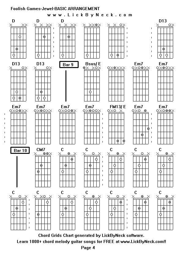 Chord Grids Chart of chord melody fingerstyle guitar song-Foolish Games-Jewel-BASIC ARRANGEMENT,generated by LickByNeck software.